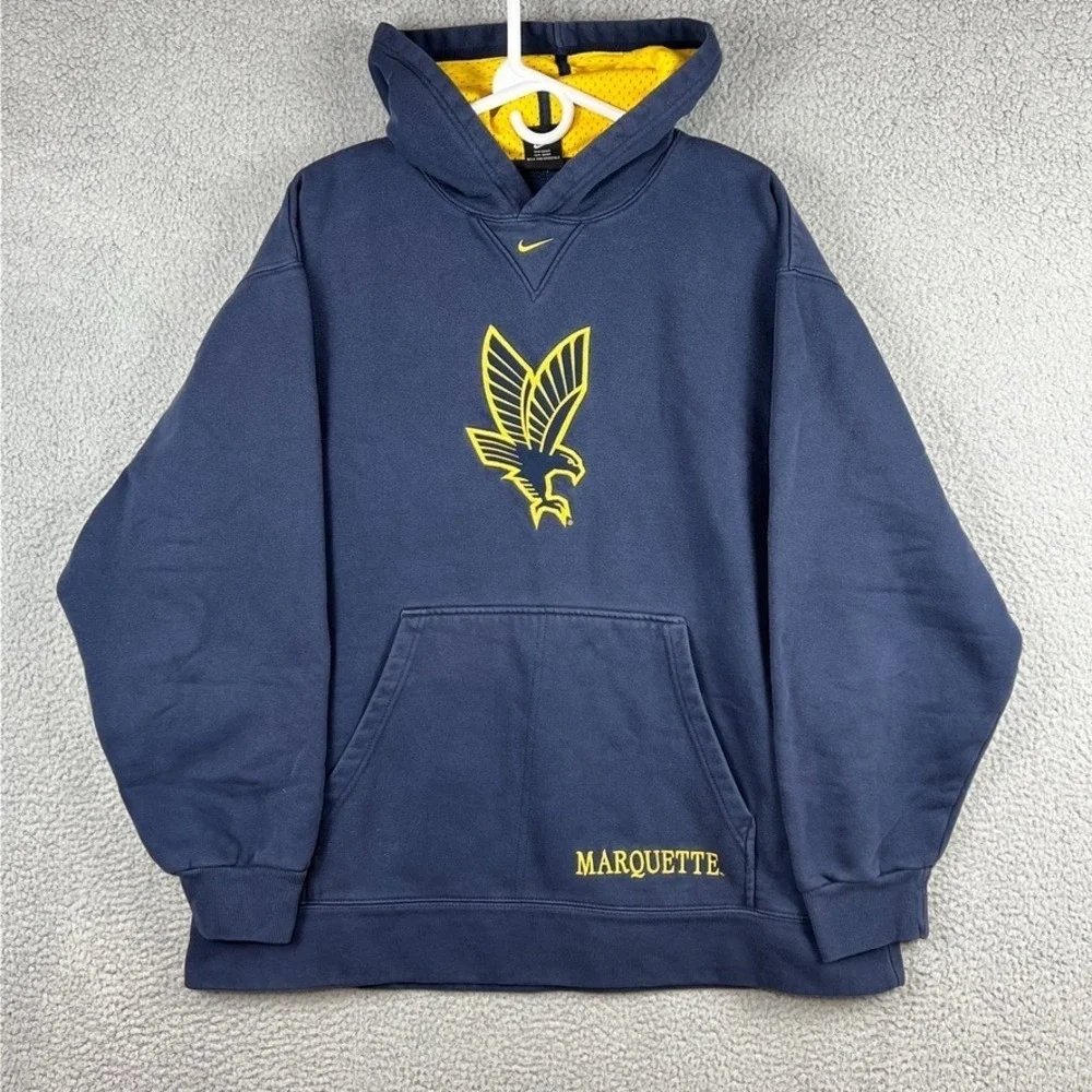 Vintage Nike Team Center Swoosh Hoodie Navy Blue Marquette Golden Eagles Mens L‎